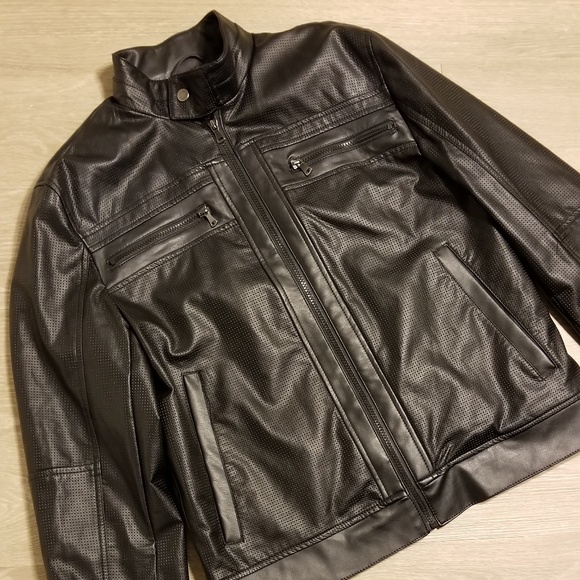 Brown, Medium INC International Concepts Faux Leather Varsity Zip Up Jacket